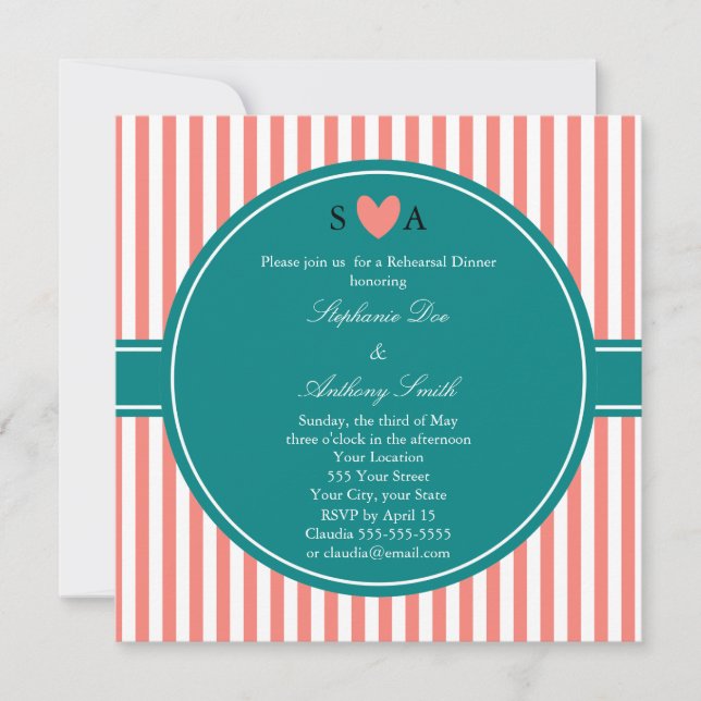 Invitation Corail rose et blanc rayures avec Turquoise (Devant)