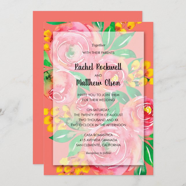 Invitation Corail rose jaune Mariage floral (Devant / Derrière)