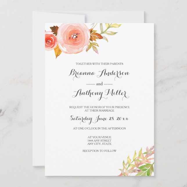 Invitation Corail rose pâle Aquarelle Floral Mariage 3605b (Devant)