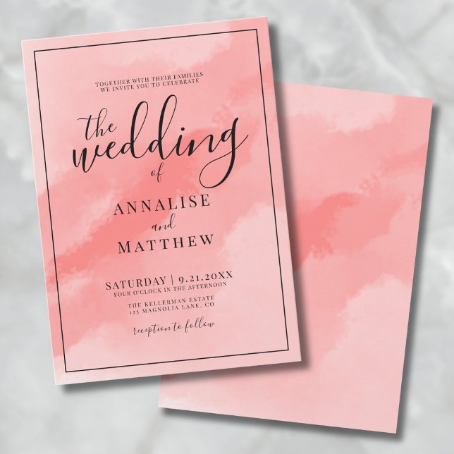 Invitation Corail Rose Simple Élégant Mariage Aquarelle (Coral Pink Simple Elegant Watercolor Wedding Invitation)