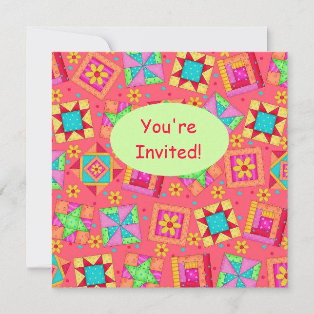 Invitation Corail rouge Green Patchwork Quilt Block Art (Devant)