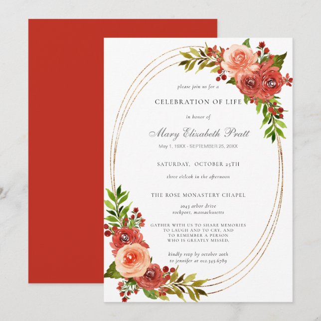 Invitation Corail rouge rustique Rose Floral Célébration de l (Devant / Derrière)