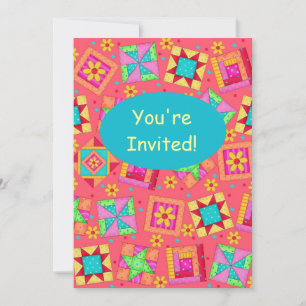 Invitation Corail rouge Turquoise Patchwork Quilt Block Art