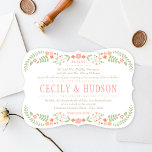 Invitation Corail rustique rose et vert Mariage floral<br><div class="desc">Les invitations à un mariage rustique chic présentent un cadre floral symétrique de jolies pêches,  rose vif,  corail et nectarine orangé fleurs et feuilles botaniques vert doux avec look dessiné à la main qui encadrent le design,  et arrière - plan avec un aspect texturé subtil et élégant tissé.</div>