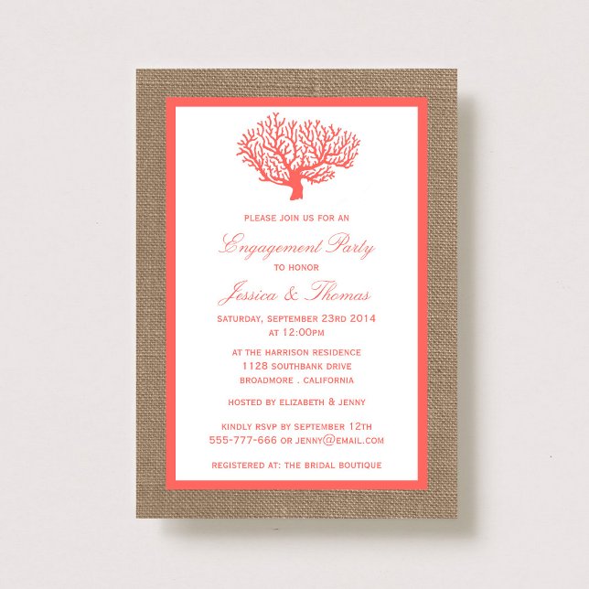 Invitation Corail Sur Burlap Boho Beach (Créateur téléchargé)
