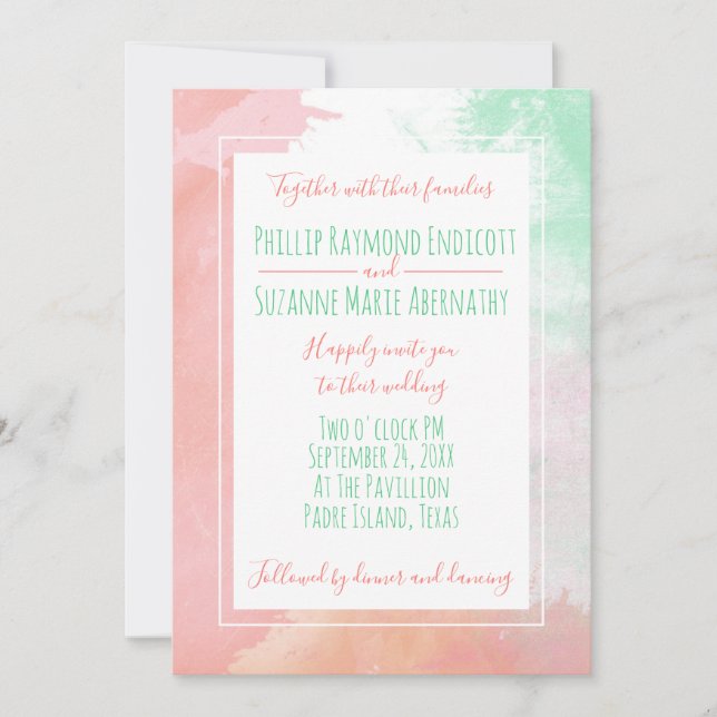Invitation Corail tropical Neo Mint Mariage d'aquarelle (Devant)