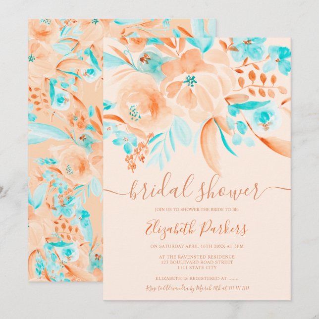 Invitation corail tropical orange turquoise fleuri nuptiale (Devant / Derrière)