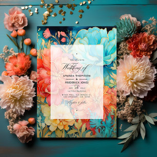 Invitation Corail, Turquoise et Mariage Floral Or