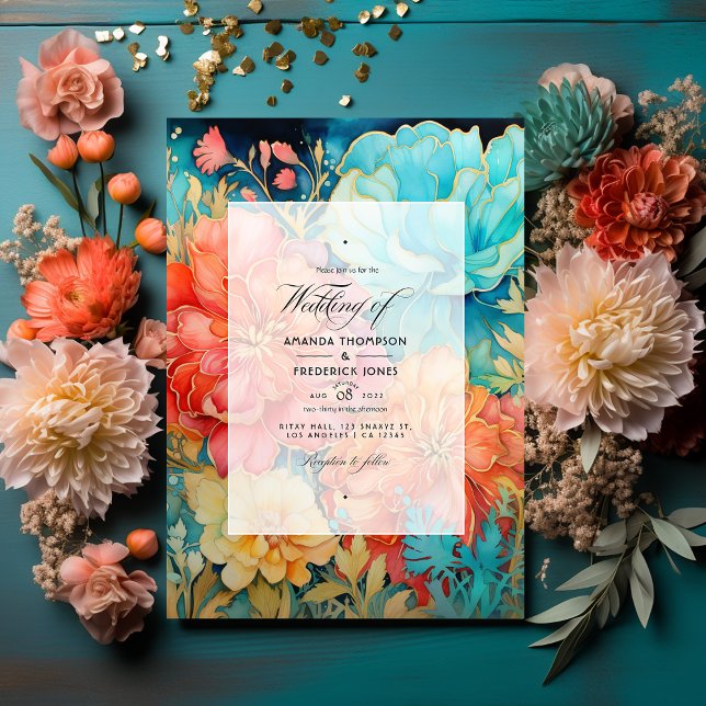 Invitation Corail, Turquoise et Mariage Floral Or (Créateur téléchargé)