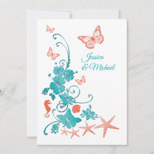 Invitation Corail, Turquoise, Mariage de destination blanche