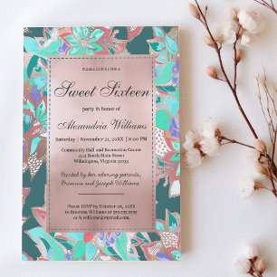 Invitation corail vert turquoise rose or fleuri Sweet 16