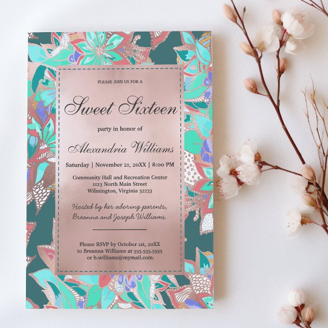 Invitation corail vert turquoise rose or fleuri Sweet 16 (Teal green coral rose gold floral Sweet 16 )