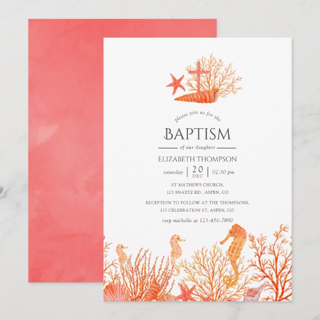 Invitation Corail Vivant Aquarelle Sous L'eau Baptême (Devant / Derrière)