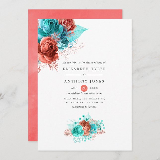 Invitation Corail vivant et Mariage floral turquoise (Devant / Derrière)