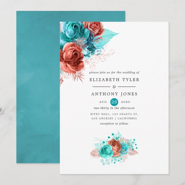 Invitation Corail vivant et Mariage floral turquoise (Devant / Derrière)