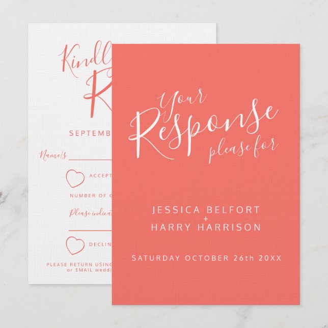 Invitation Corail vivant orange coeur blanc réponse du mariag (Devant / Derrière)