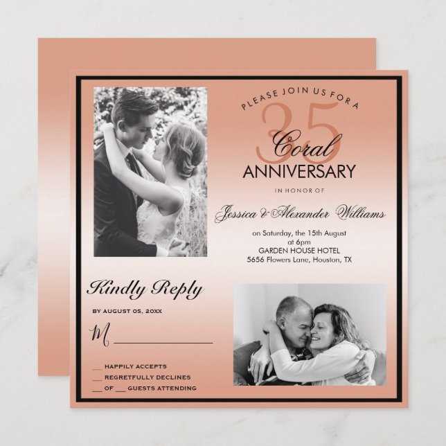 Invitation Coral 35e anniversaire du Mariage Double photo (Devant / Derrière)