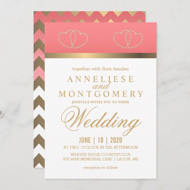 Invitation Coral and Gold Hearts - Invite (Devant / Derrière)