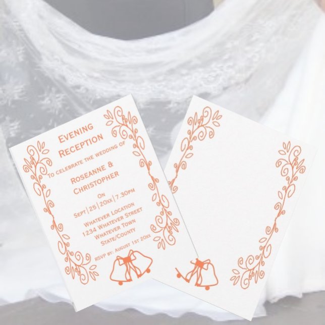 Invitation Coral Bells Défilement Mariage Réception (Coral wedding reception invitation bells and scrollwork design)