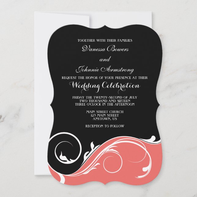 Invitation Coral Black Swirl Bracket Wedding Invite (Devant)