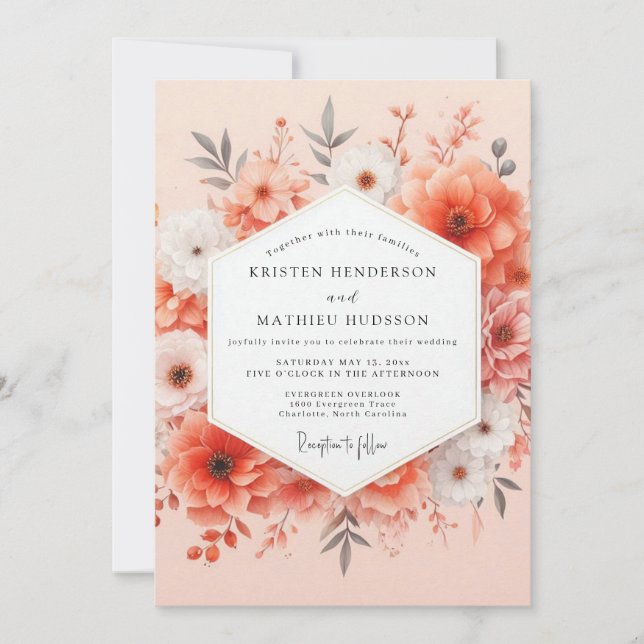 Invitation Coral Bloom Romance Wedding (Devant)