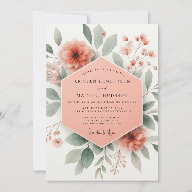 Invitation Coral Blossom Botanical Romance Wedding (Devant)