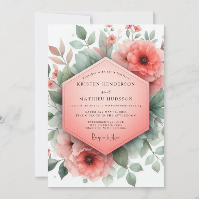 Invitation Coral Blossom Whimsical Wedding (Devant)