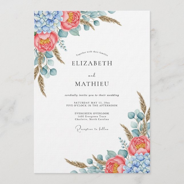 Invitation Coral Blue Botanical Flourish Wedding (Devant)