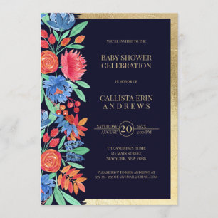Invitation Coral Blue Gold Floral Aquarelle Baby shower