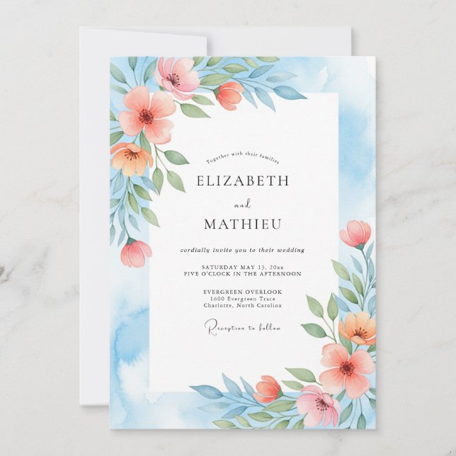 Invitation Coral Blue Painterly Botanical Wedding (Devant)
