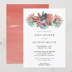 Invitation Coral Blue Starfish Seashells Beach Baby shower