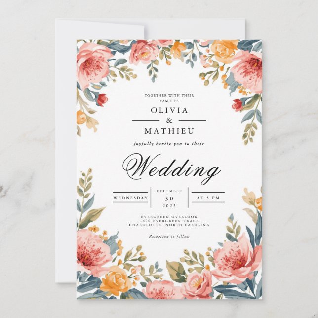 Invitation Coral Blush Floral Romance Mariage (Devant)