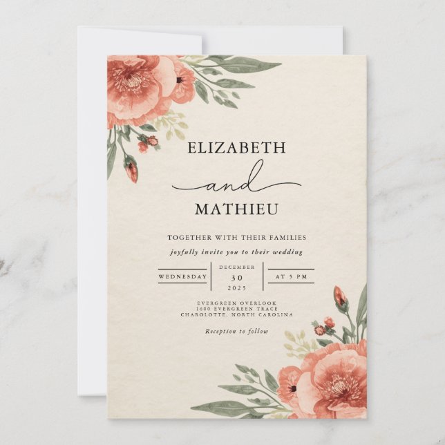 Invitation Coral Blush Mariage botanique Floral (Devant)