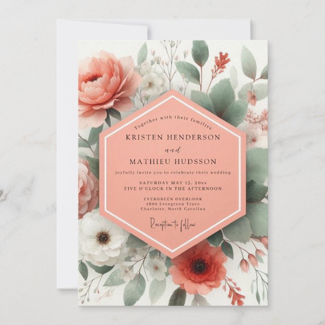 Invitation Coral Botanical Elegance Wedding (Devant)