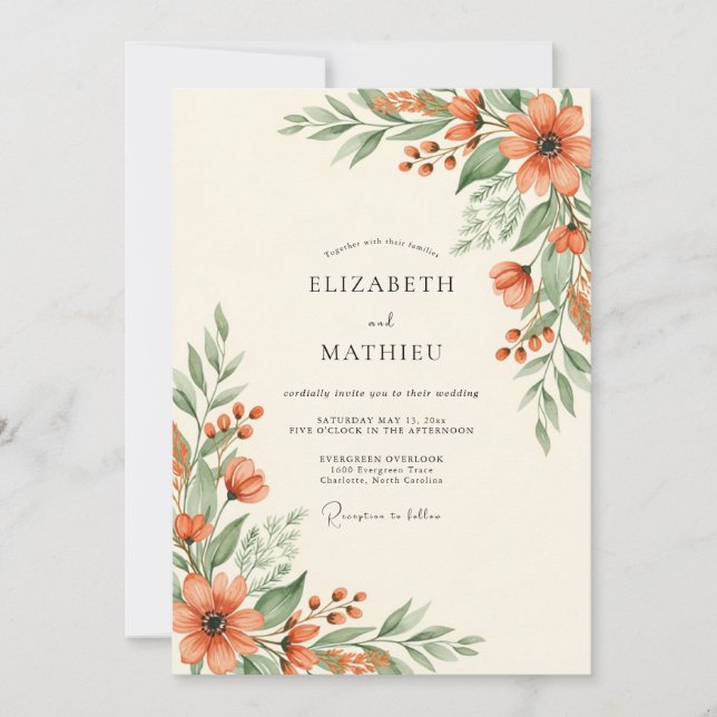 Invitation Coral Botanical Rustic Wedding (Devant)