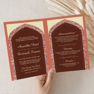Invitation Coral Brown Rose or tout en un Mariage indien