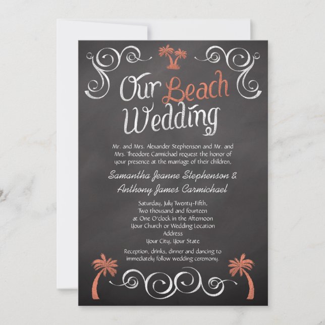 Invitation Coral Chalkboard Script Plage Mariage (Devant)