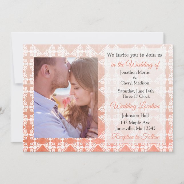 Invitation Coral Damask Photo Wedding Invite (Devant)