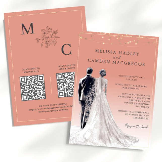 Invitation Coral du désert Élégant moderne QR Code Mariage (Créateur téléchargé)