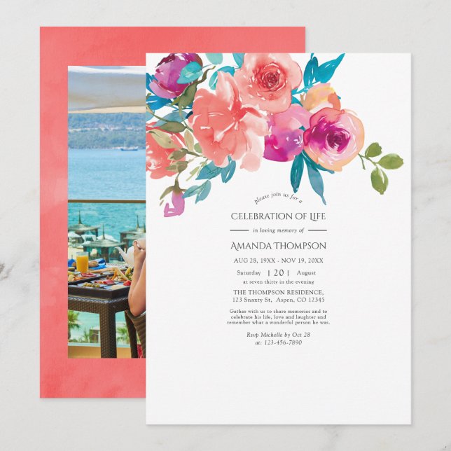 Invitation Coral et Fandango Célébration florale de la vie (Devant / Derrière)