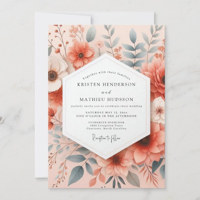 Invitation Coral Ethereal Bloom Wedding (Devant)