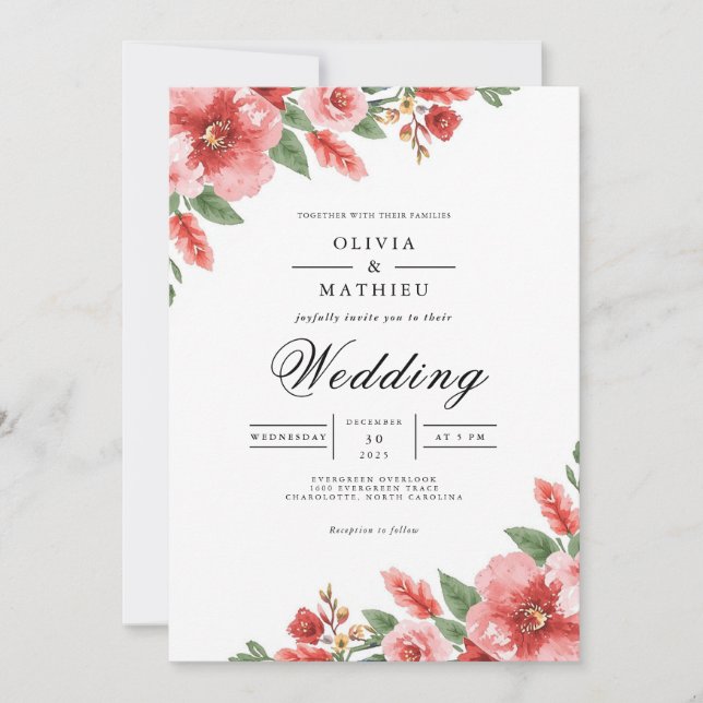 Invitation Coral Floral Aquarelle Romance Mariage (Devant)
