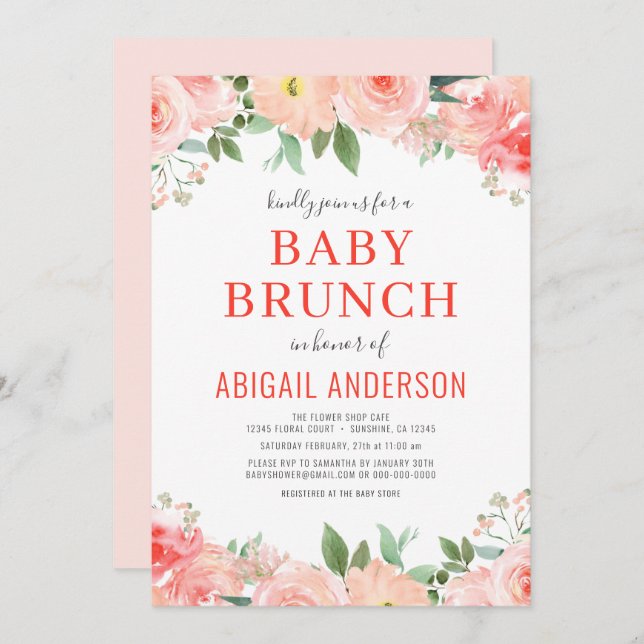 Invitation  Coral Floral Baby Brunch Peach Aquarelle   (Devant / Derrière)