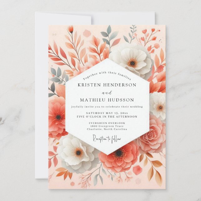 Invitation Coral Floral Bloom Romantic Wedding (Devant)