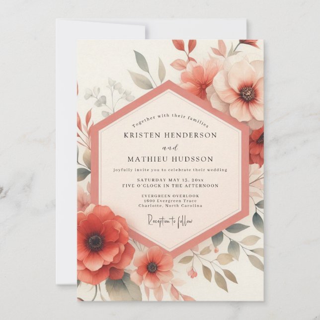 Invitation Coral Floral Bloom Wedding (Devant)