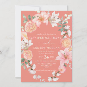 Invitation Coral Floral   Couronne de mariage élégante