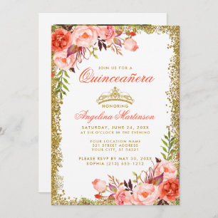 Invitation Coral Floral Quinceanera Gold Parties scintillant 