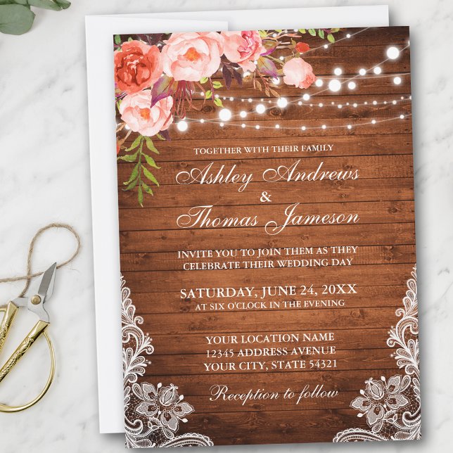 Invitation Coral Floral Rustique Mariage Lumière en bois (Customize to add more text or photos to back of card.)