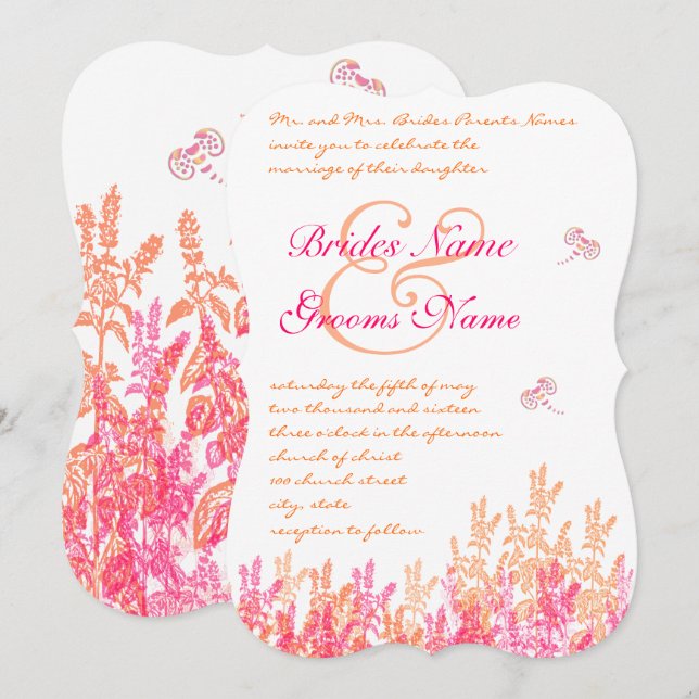 Invitation Coral & Fuchsia Flower Butterfly Wedding Invite (Devant / Derrière)