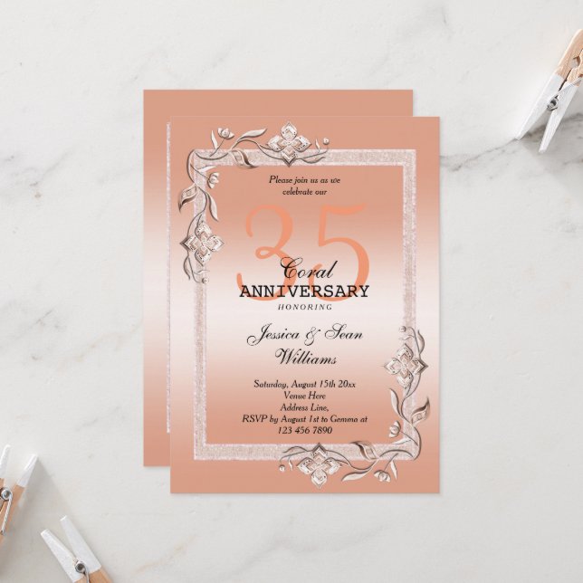 Invitation Coral Gem & Glitter 35e Anniversaire de Mariage In (Devant/Arrière en situation)